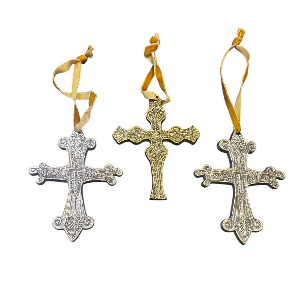 Set of Three Metal Crosses 2 Silver Tone and One Gold Tone  with Velvet Hangers